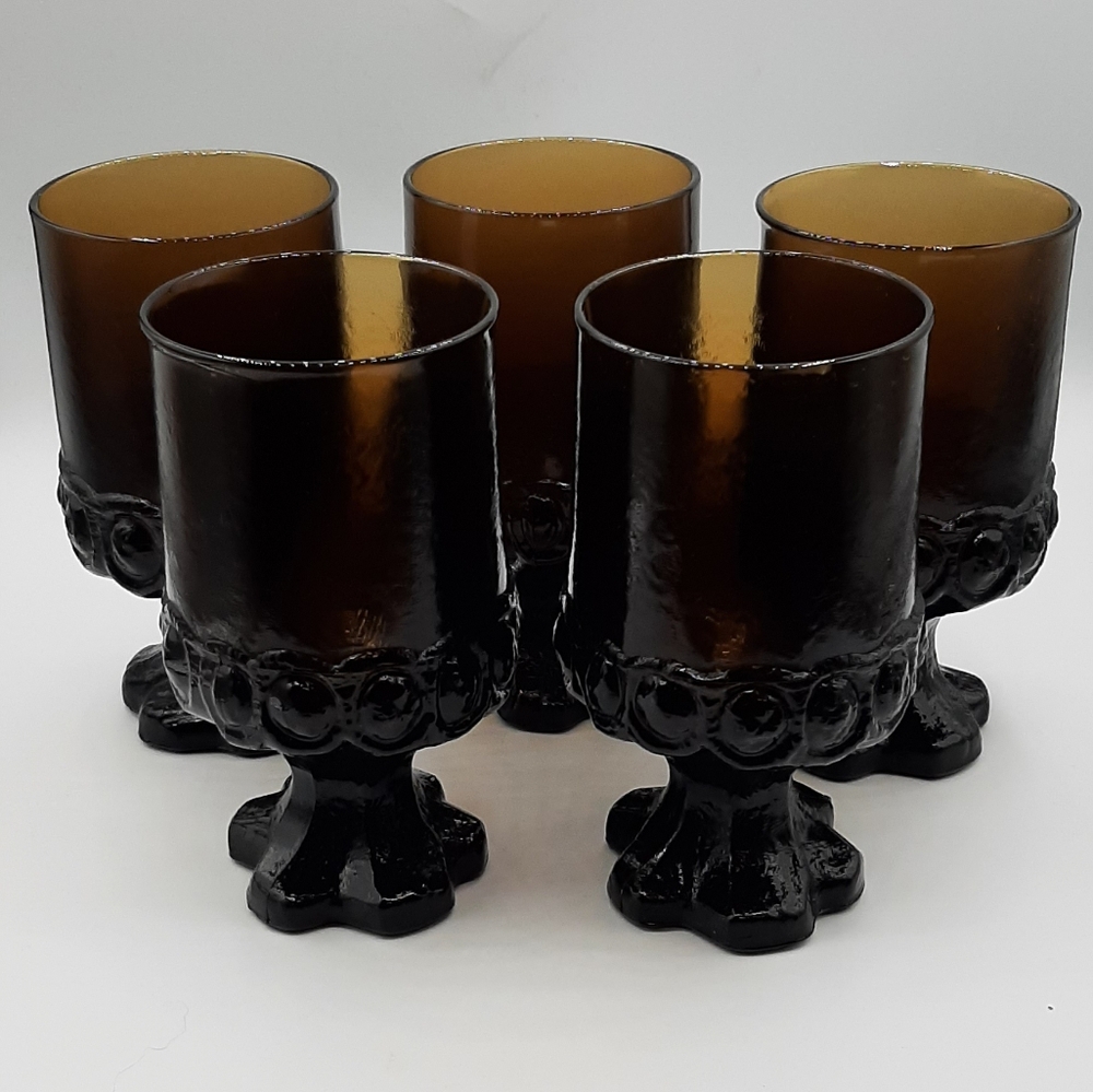 5 Tiffin Franciscan Madeira Smoke Brown Water Goblets Vintage Stemware Glasses